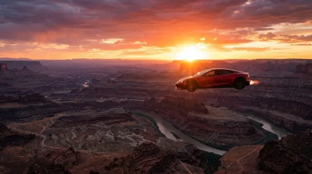 Tesla Roadster летит над Гранд-Каньоном