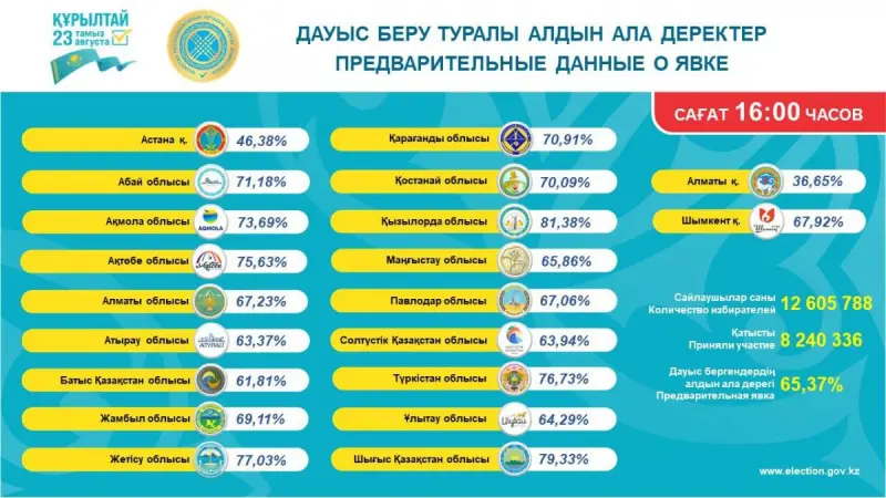 Более 8,2 млн казахстанцев уже проголосовали: данные ЦИК на 16:00