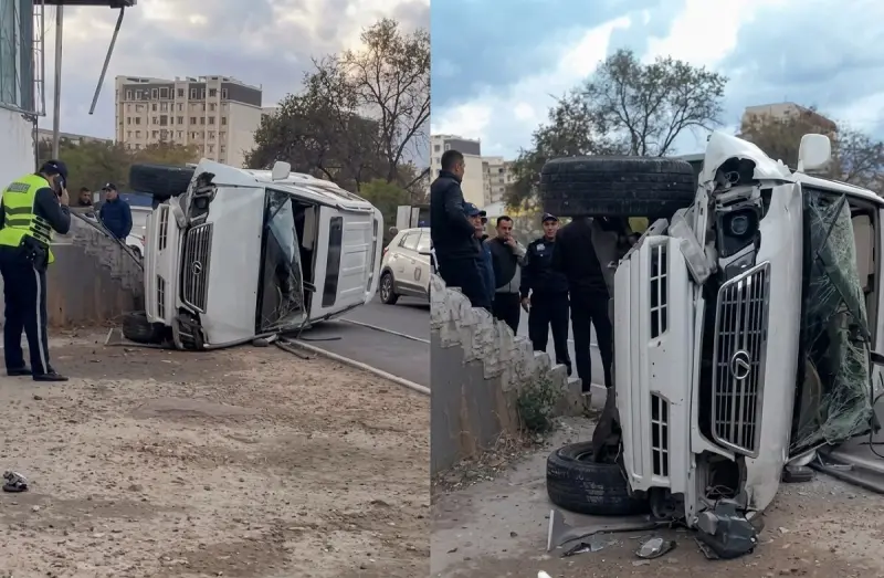 Машина перевернулась на узкой дороге у детсада в Актау (ВИДЕО)