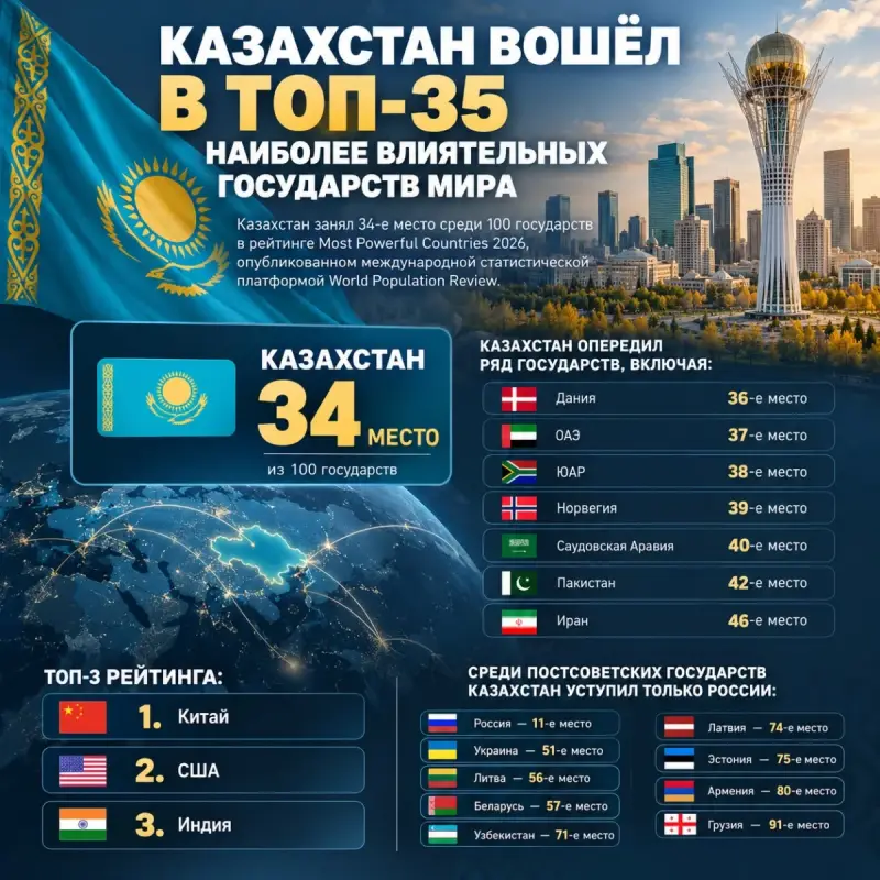 Казахстан вошел в число 35 самых влиятельных государств мира