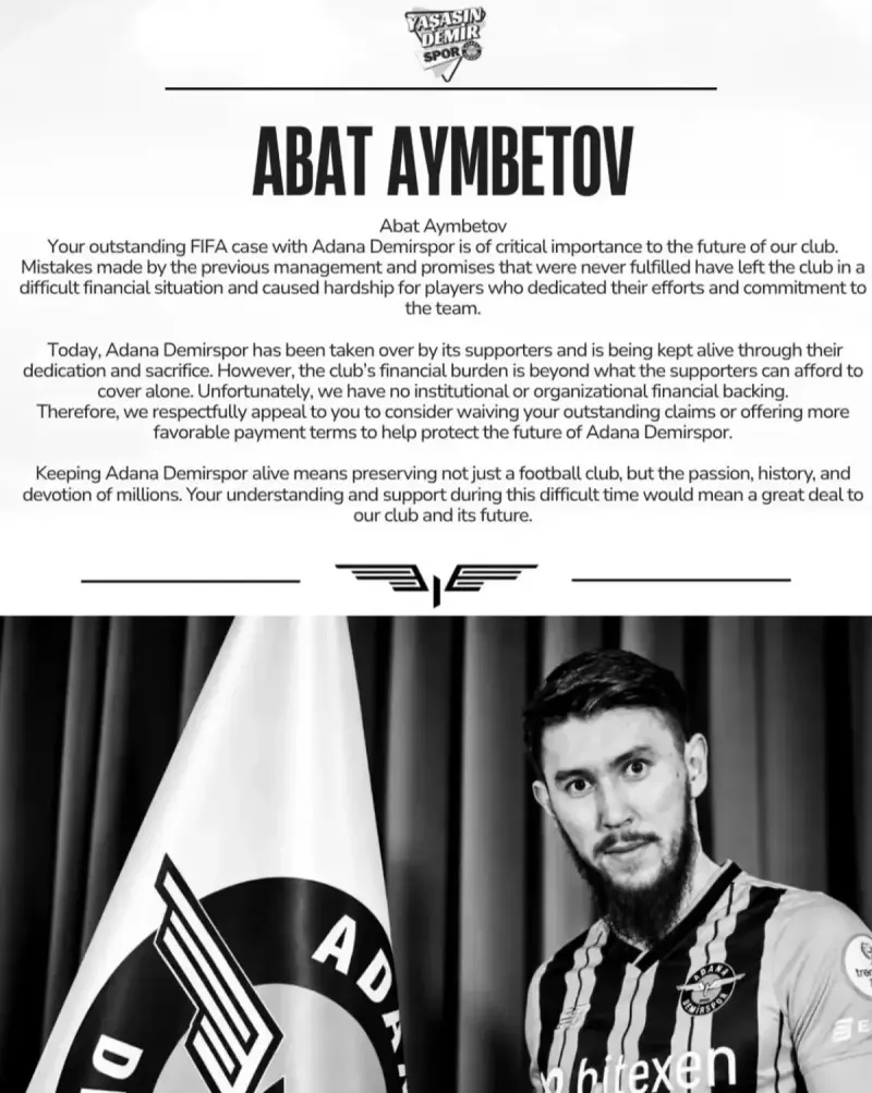 «Адана Демирспор» жанкүйерлері Абат Айымбетовке өтініш жасады