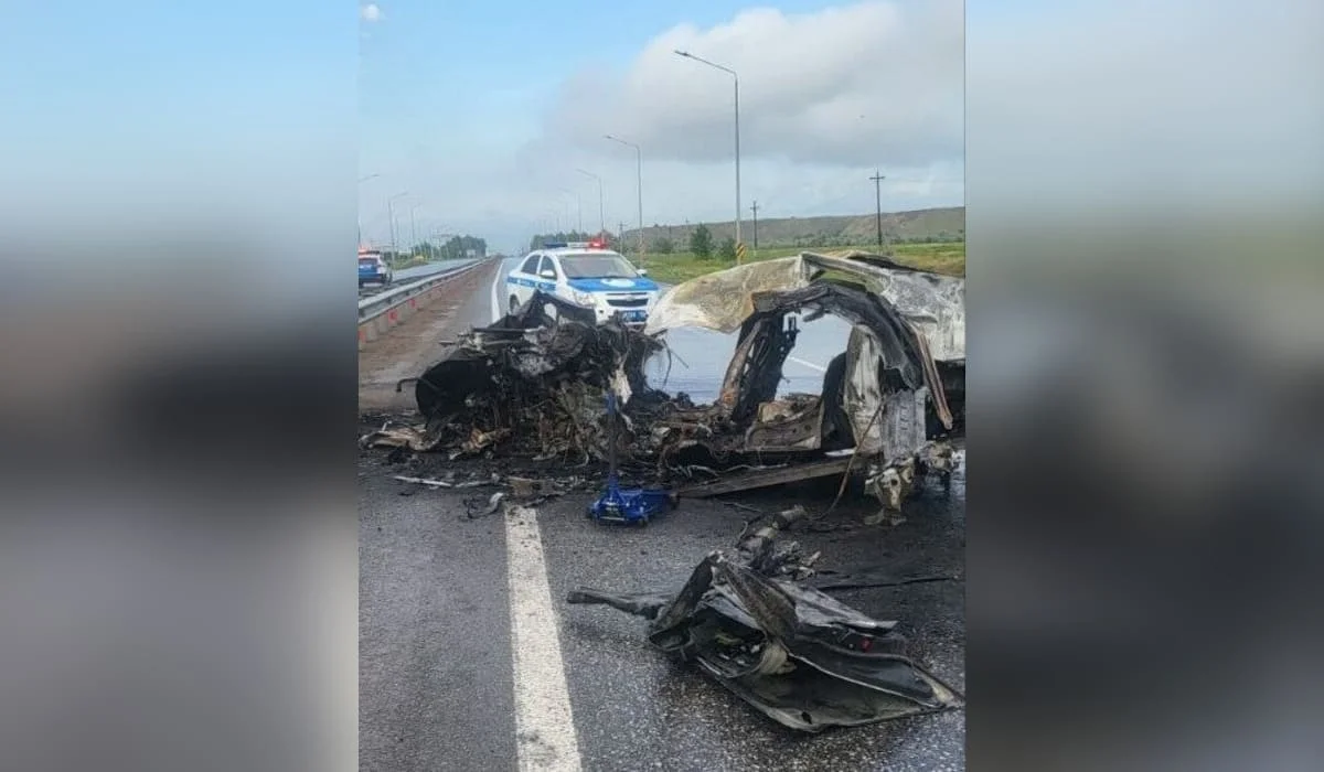 BMW загорелся после удара о столб: жуткое ДТП произошло под Костанаем