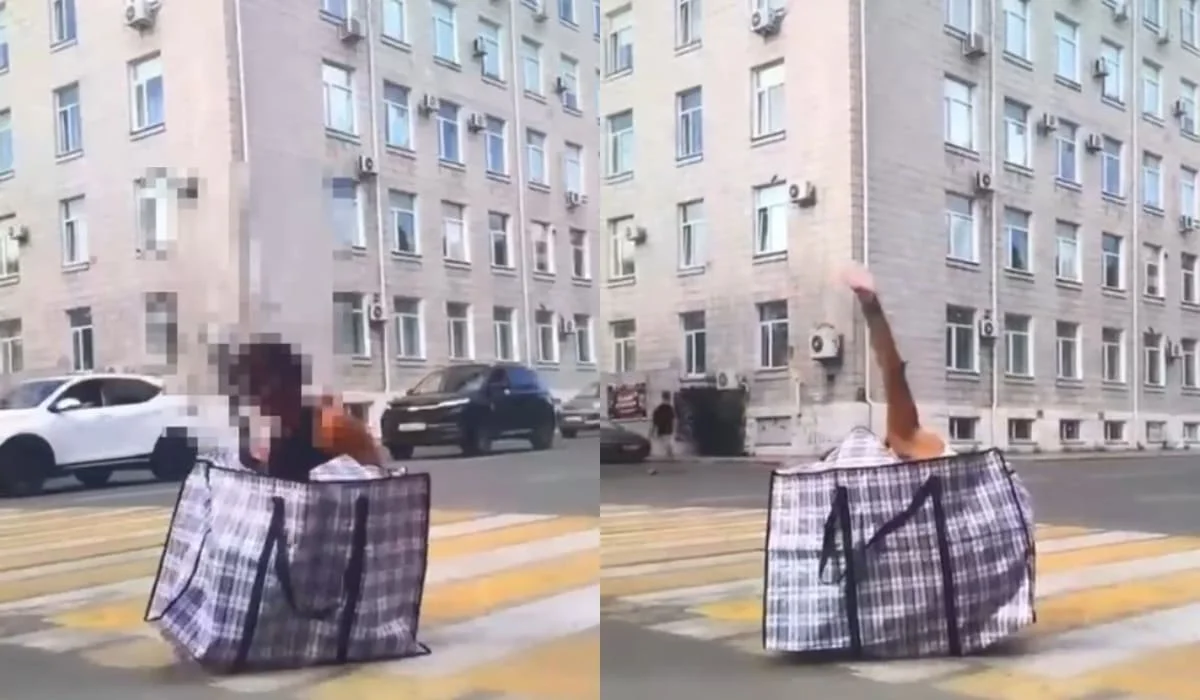 Ради рекламы девушка вышла на «зебру» и залезла в сумку в Павлодаре (ВИДЕО)