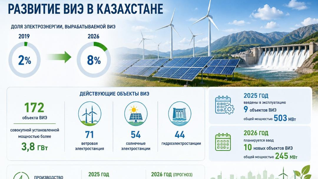 Доля ВИЭ в энергобалансе Казахстана за шесть лет выросла в 4 раза