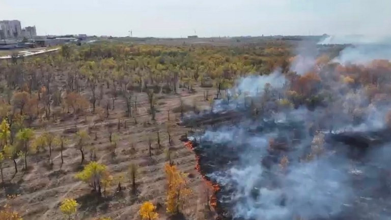 7 гектаров сухой травы горят в Караганде: что известно